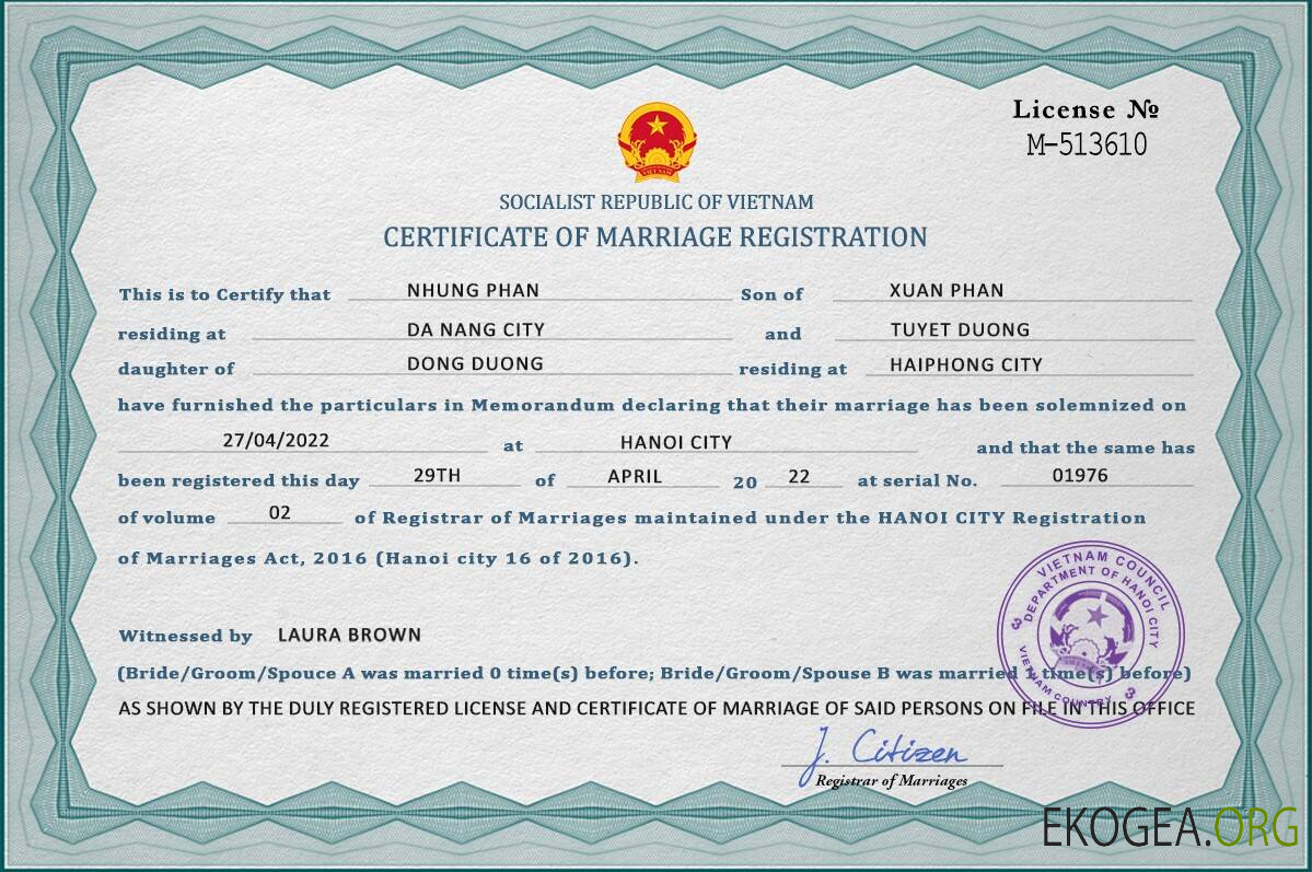 Modèle PSD de certificat de mariage au Vietnam